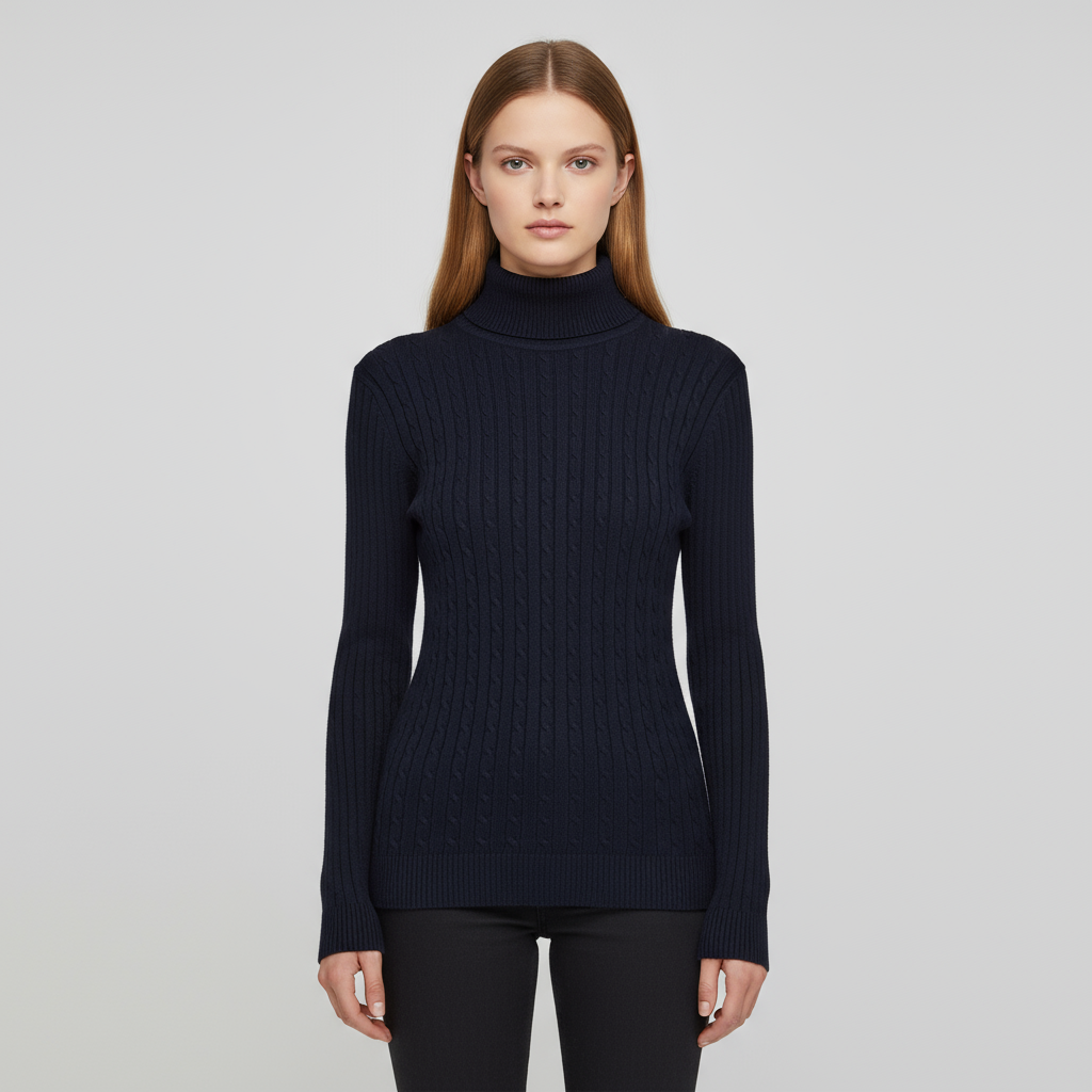 Женский темно-синий свитер-водолазка из трикотажа в рубчик с высоким воротом - классическая повседневная одежда на заказ