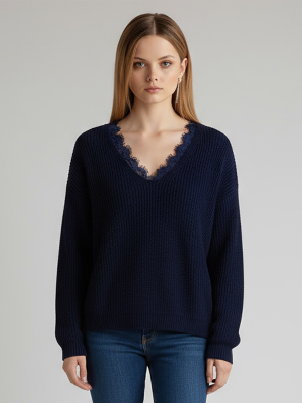 Женский темно-синий свитер в рубчик с V-образным вырезом и кружевной отделкой - Женская повседневная одежда на заказ