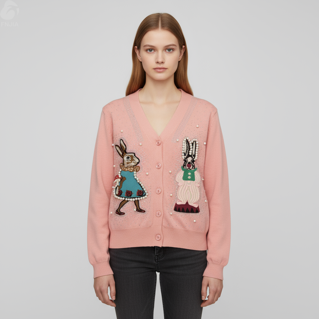 Женский вязаный кардиган розового цвета с вышивкой в виде кролика и жемчужными вставками - Необычная одежда на заказ