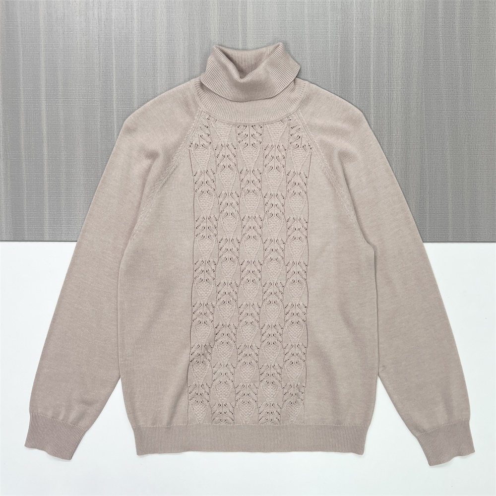 Женский бежевый свитер-водолазка с высоким воротом, вязаный спицами и ажурными деталями - Элегантная повседневная одежда на заказ