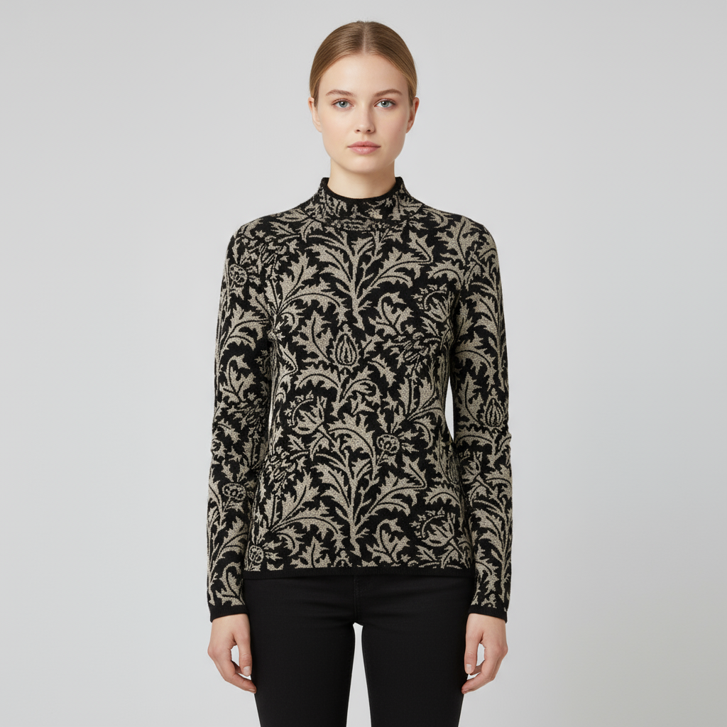 Женский черно-бежевый свитер-водолазка с цветочным узором в виде виноградной лозы - Элегантная одежда на заказ