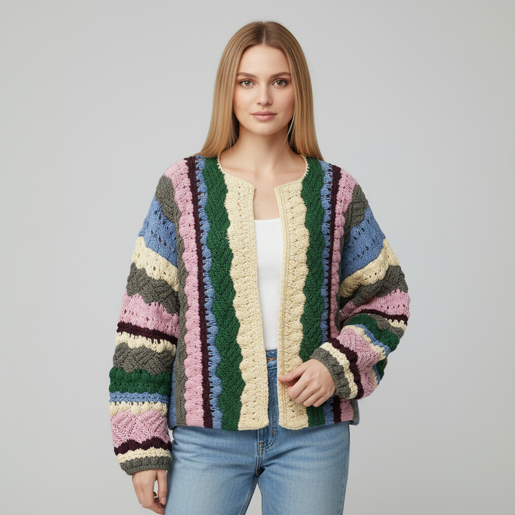 Женский кардиган в полоску, связанный крючком многоцветным узором - оригинальная богемная игривая повседневная одежда