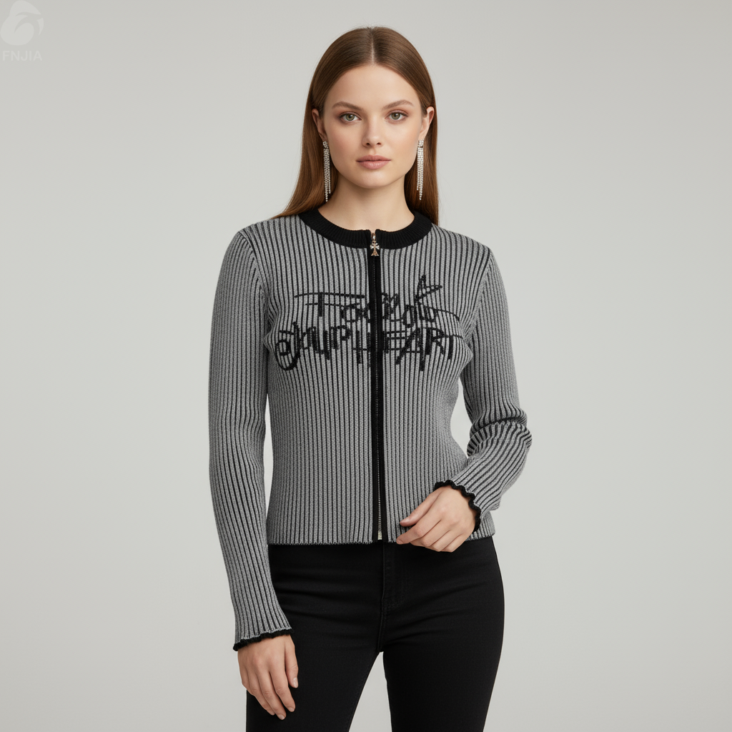 Женский вязаный кардиган на молнии в черно-серую полоску с графическим принтом - Стильная повседневная одежда на заказ