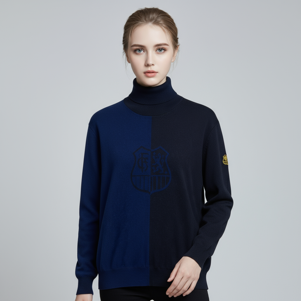 Женский двухцветный темно-синий свитер-водолазка с разрезом под горло и фирменной эмблемой - Фирменная одежда для выступлений