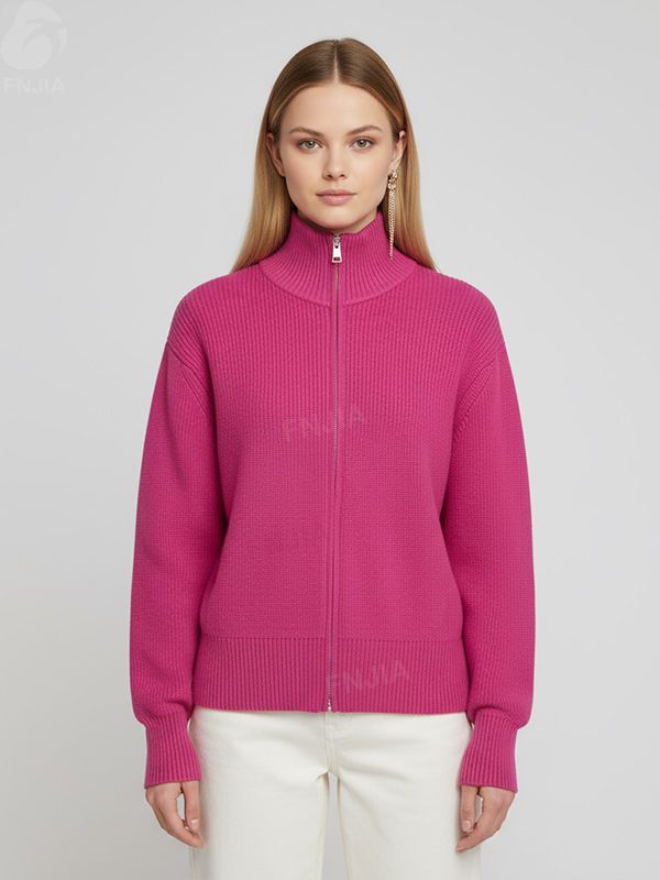 Женский кардиган-водолазка на молнии из трикотажа в рубчик цвета фуксии - смелая современная одежда на заказ