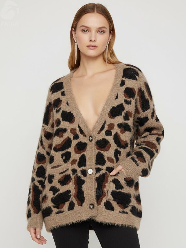 Женский пушистый кардиган с V-образным вырезом и леопардовым принтом - стильная повседневная одежда на заказ