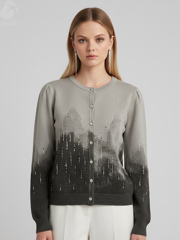Женский серый вязаный кардиган в стиле омбре, украшенный блестками, с хрустальными пуговицами