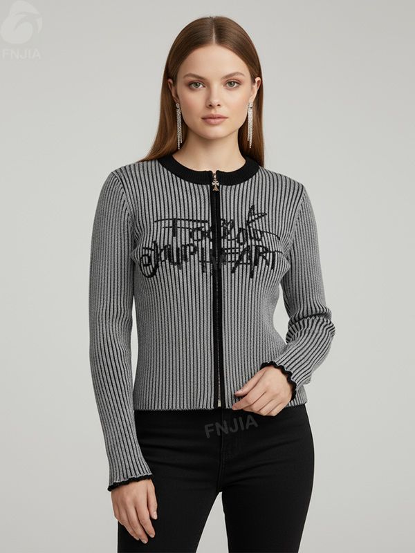 Женский вязаный кардиган на молнии в черно-серую полоску с графическим принтом - Стильная повседневная одежда на заказ