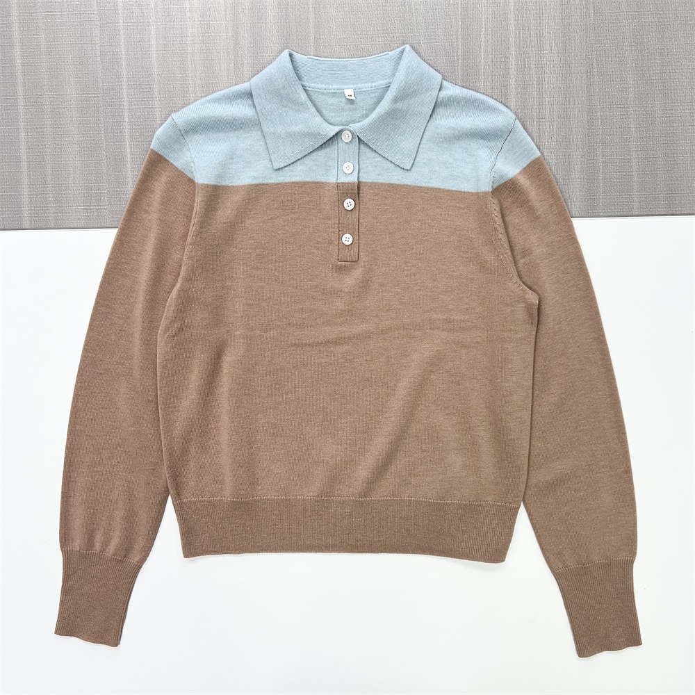 Женский вязаный топ поло с двухцветным воротником и длинными рукавами - Изысканная повседневная одежда на заказ