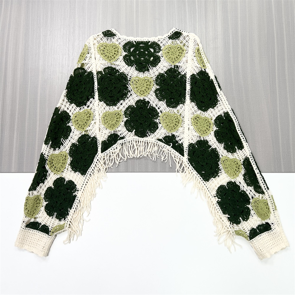 Женский вязаный свитер зеленого цвета и цвета слоновой кости с цветочной бахромой - Богемная мода на заказ-Повседневная одежда