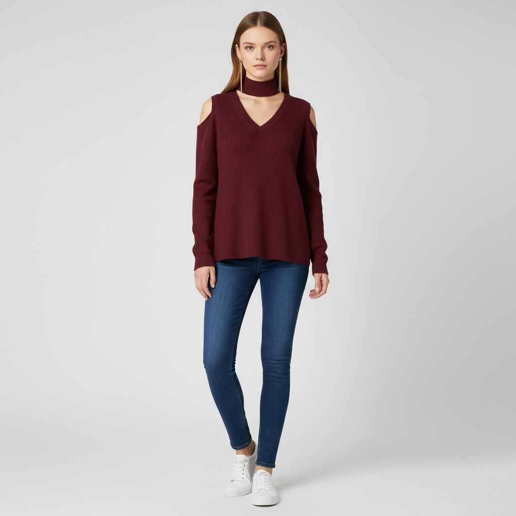 Женский бордовый свитер в рубчик с открытыми плечами и съемным колье - стильная повседневная одежда на заказ