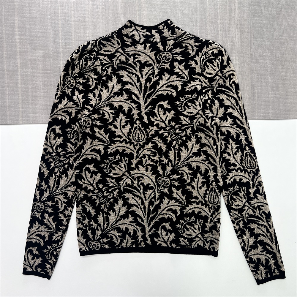 Женский черно-бежевый свитер-водолазка с цветочным узором в виде виноградной лозы - Элегантная одежда на заказ