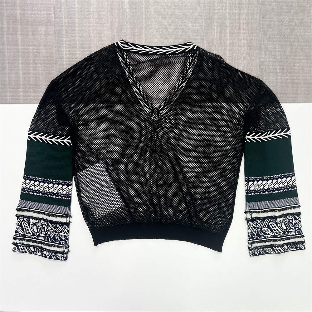 Женский черный сетчатый свитер с V-образным вырезом и рукавами с рисунком - Повседневная одежда в богемном стиле на заказ
