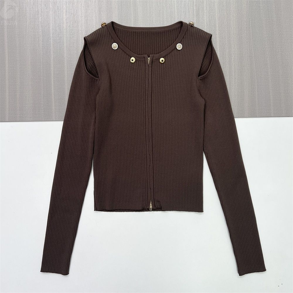 Женский кардиган с открытыми плечами и застежкой-молнией из трикотажа в рубчик шоколадного цвета - Стильная одежда на заказ