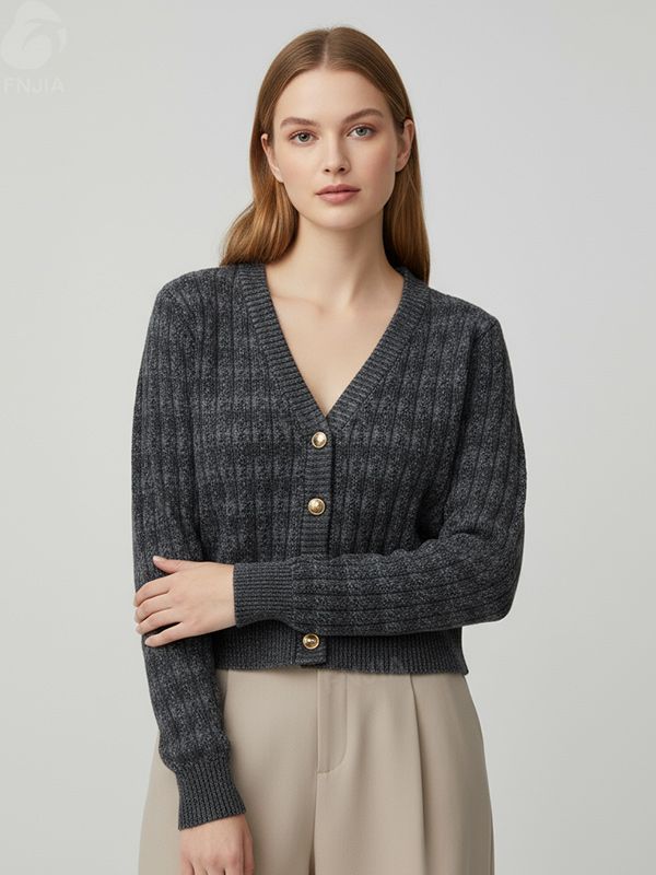 Женский укороченный кардиган из трикотажа в рубчик с V-образным вырезом - современная элегантная повседневная одежда на заказ