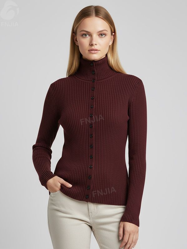 Женский кардиган-водолазка бордового цвета из трикотажа в рубчик с воротником-стойкой и пуговицами спереди - Элегантная повседневная одежда на заказ