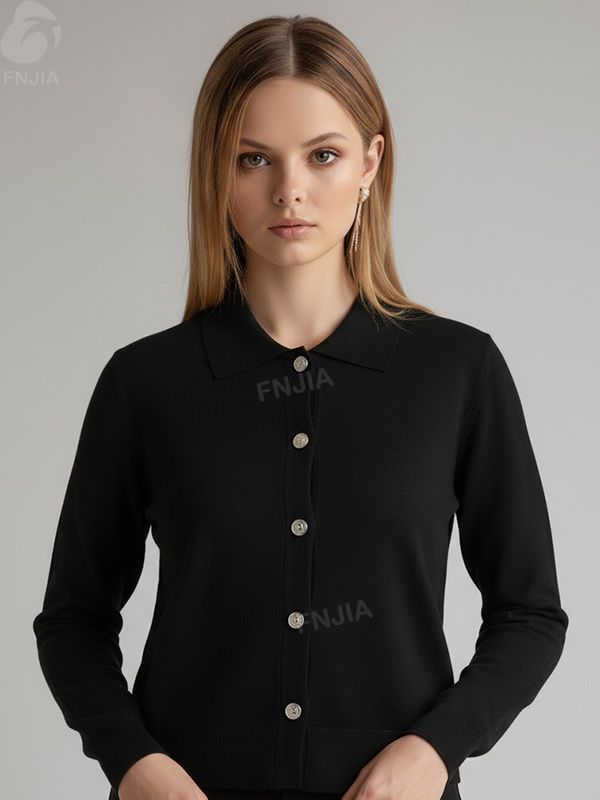 Женский черный укороченный вязаный кардиган-поло с воротником-стойкой - Элегантная повседневная одежда на заказ