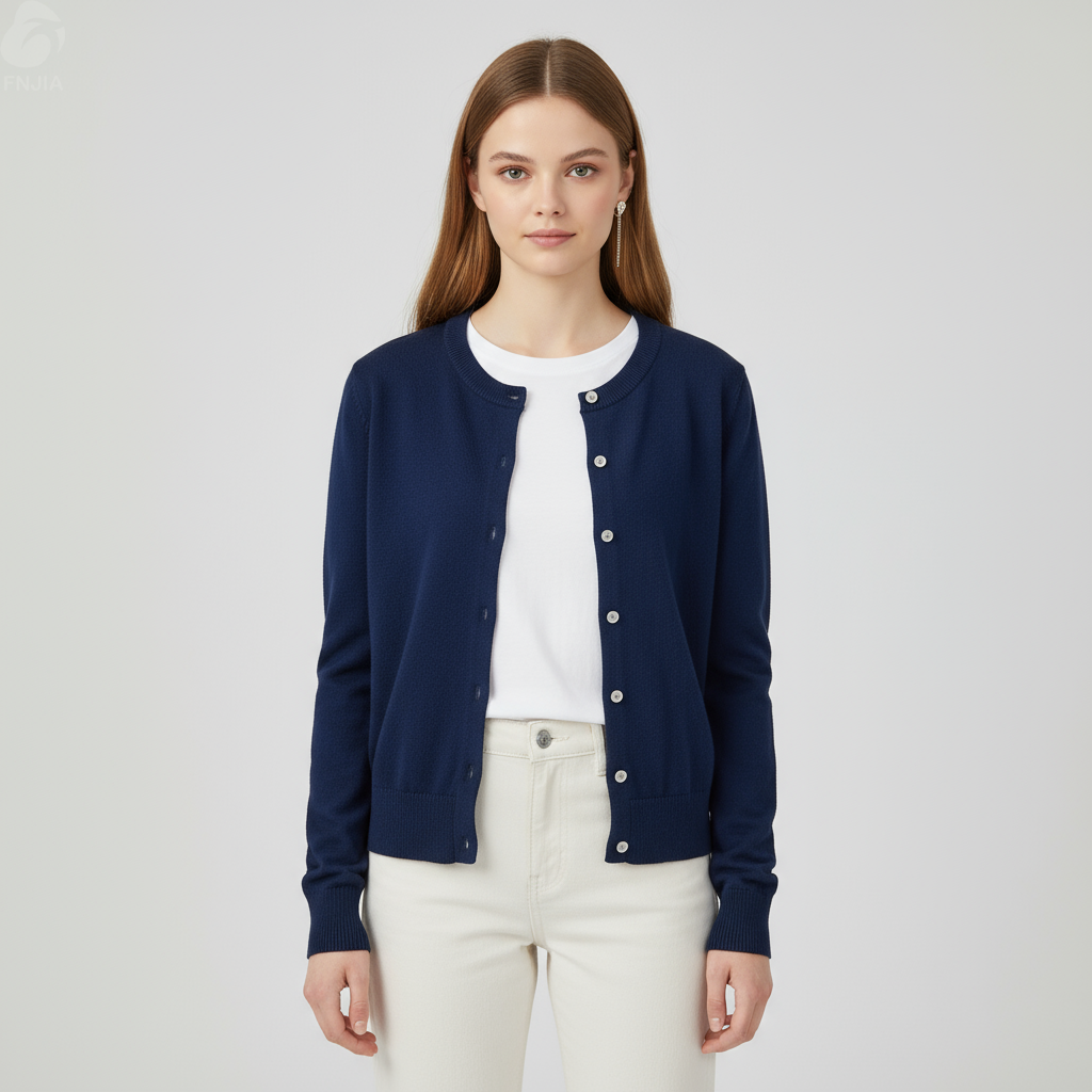 Женский темно-синий вязаный кардиган с круглым вырезом - Нестандартная одежда в стиле минимализма, неподвластная времени