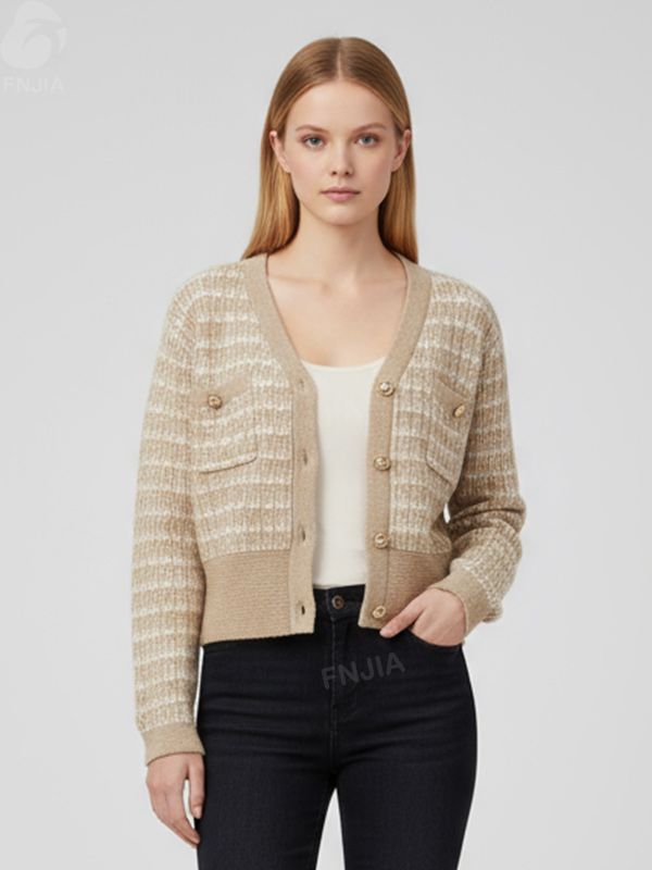 Женский укороченный вязаный кардиган в клетку из бежевого твида (в стиле Шанель) - Элегантная повседневная одежда на заказ