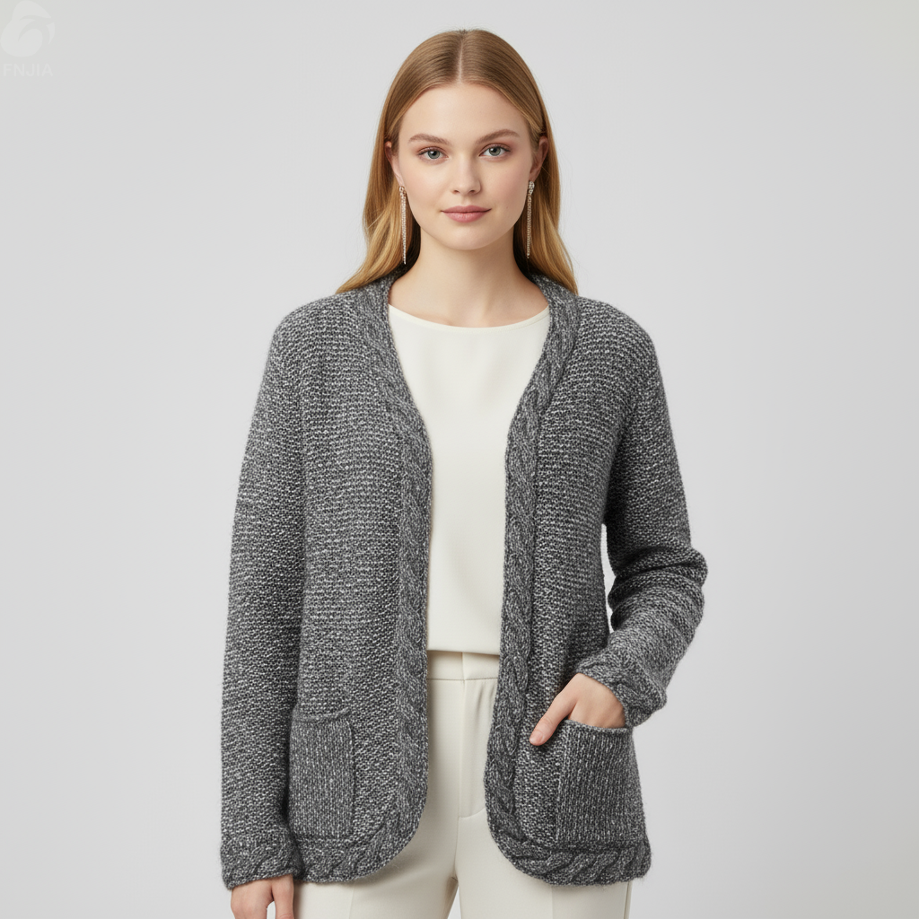 Женский кардиган вязаный крючком из вереска серого цвета с открытой передней частью и декоративным бантом и карманами