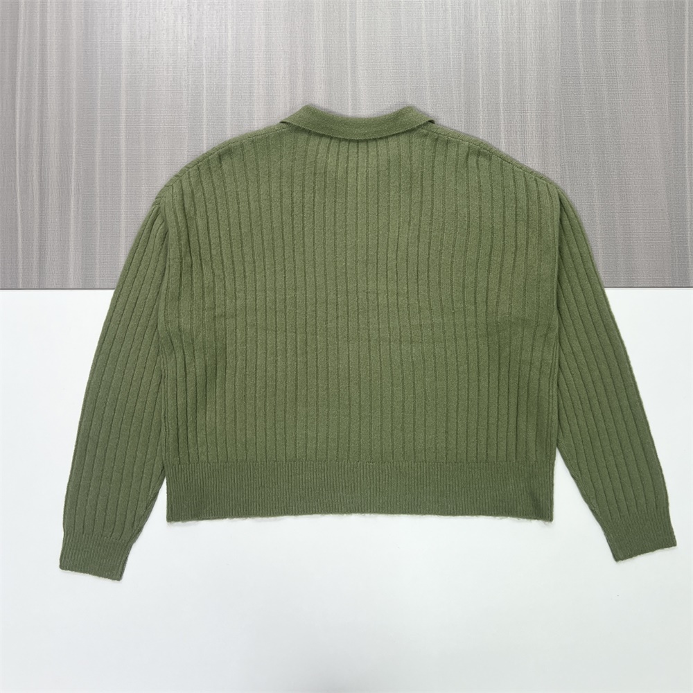 Женский вязаный топ-поло оливково-зеленого цвета с воротником в рубчик и длинными рукавами - Непринужденная повседневная одежда на заказ