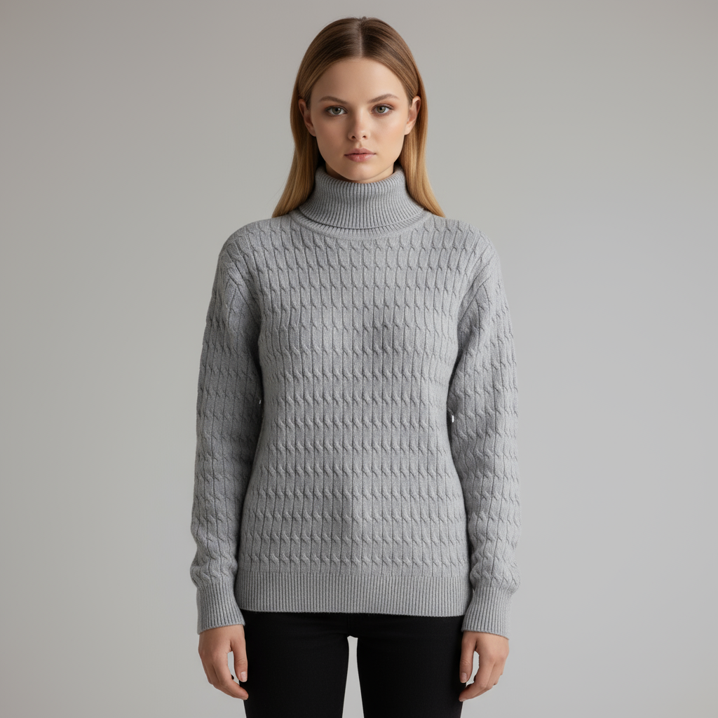 Женский светло-серый свитер-водолазка оверсайз с высоким воротом из плотной вязки - повседневная одежда с необычной текстурой