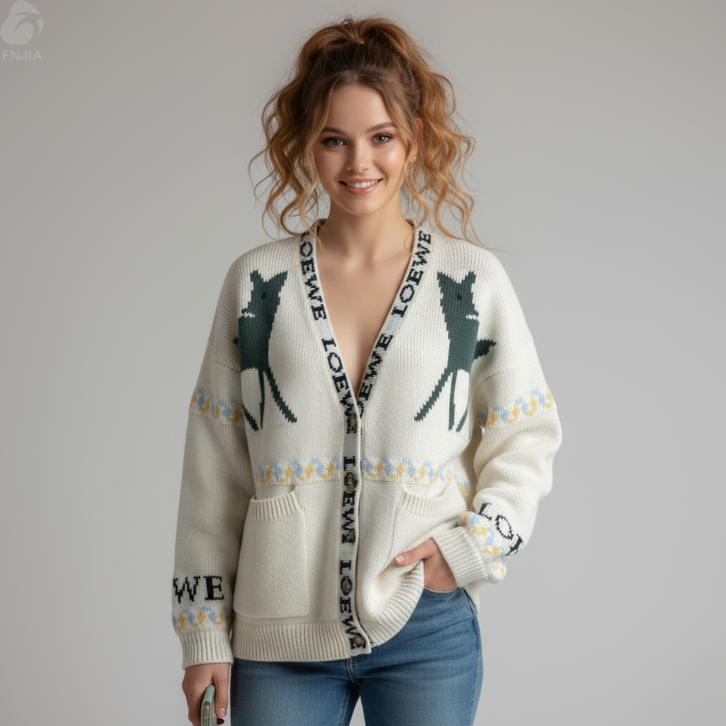 Женский вязаный кардиган кремового цвета с оленем и логотипом Intarsia - Необычная одежда на заказ