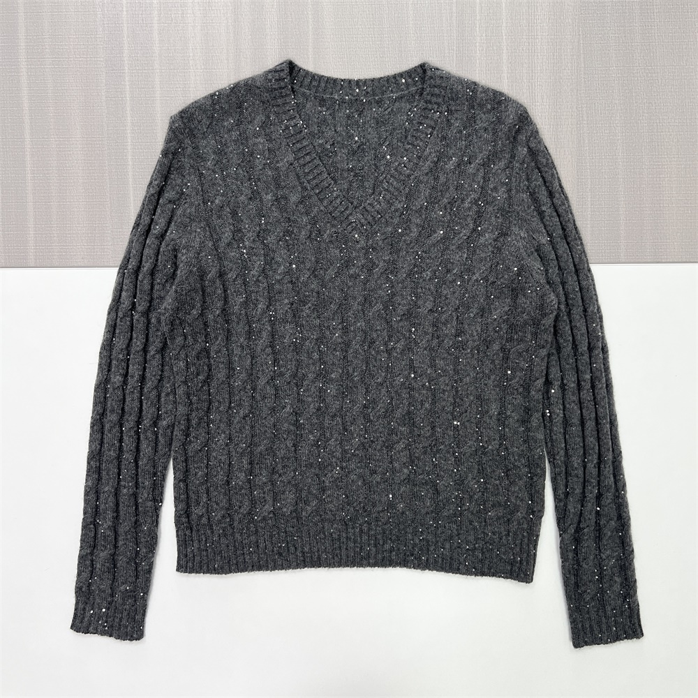 Женский свитер из блестящей вязки с V-образным вырезом цвета древесного угля - Элегантная повседневная одежда с блестками на заказ