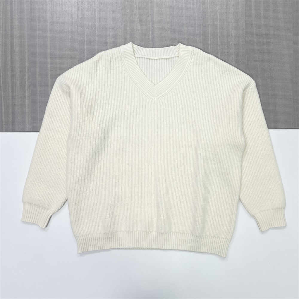 Женский свитер оверсайз в рубчик цвета слоновой кости с V-образным вырезом в рубчик - Универсальная одежда для повседневной жизни на заказ