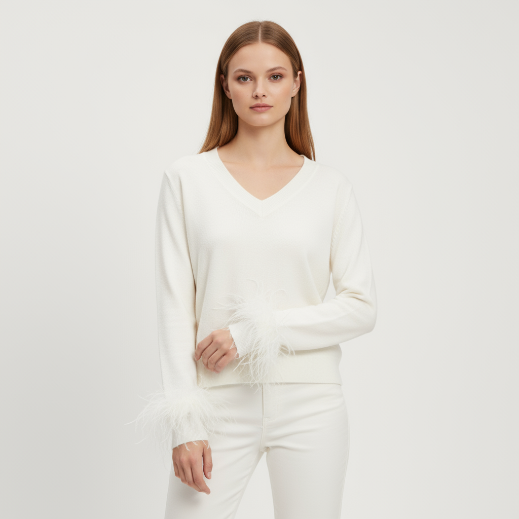 Женский свитер цвета слоновой кости с V-образным вырезом и манжетами из перьев - Элегантная повседневная одежда на заказ