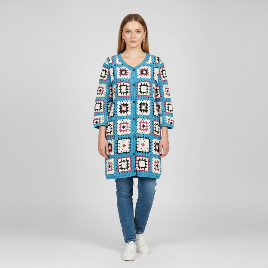 Женский бирюзовый кардиган Granny Square крючком - повседневная верхняя одежда в богемном стиле на заказ