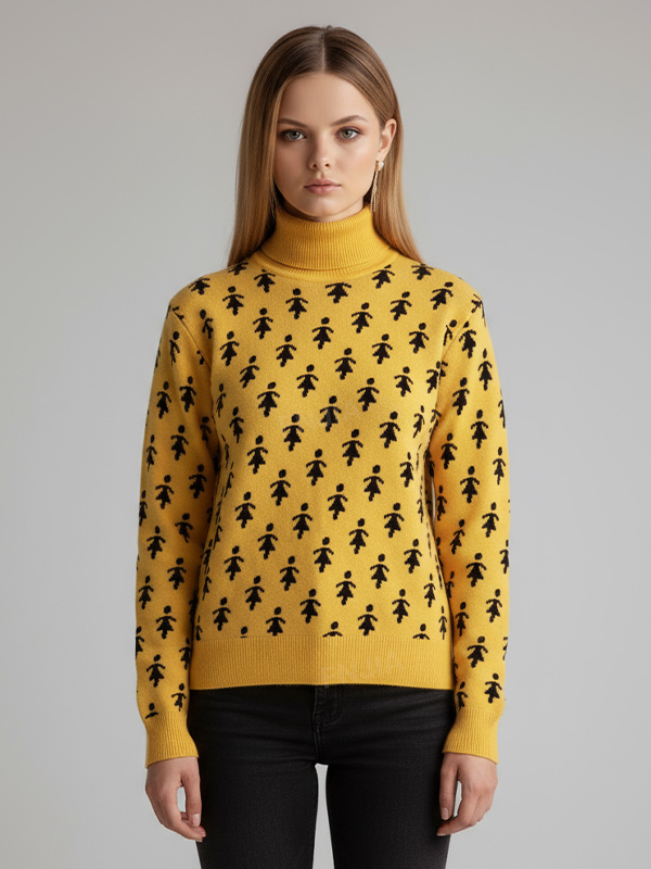Женский горчично-желтый свитер-водолазка с высоким воротом и нестандартным рисунком - игривая одежда для выступлений