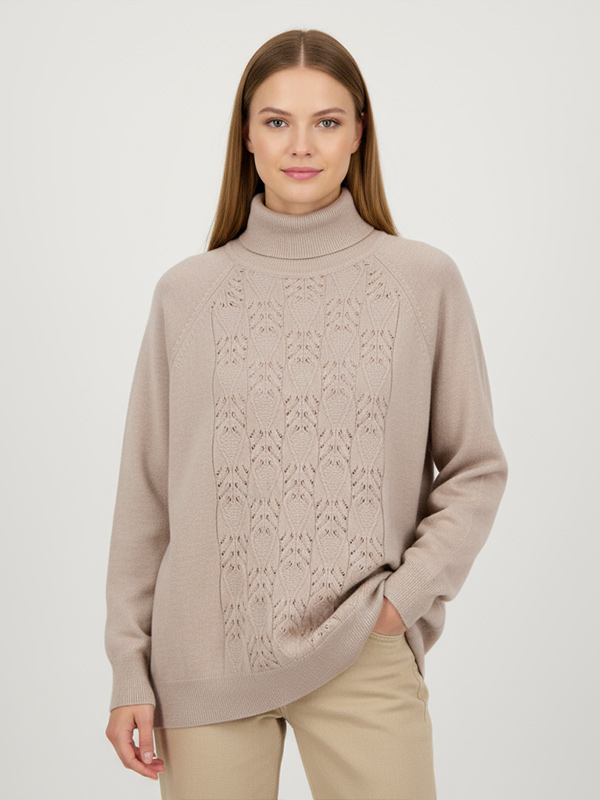 Женский бежевый свитер-водолазка с высоким воротом, вязаный спицами и ажурными деталями - Элегантная повседневная одежда на заказ