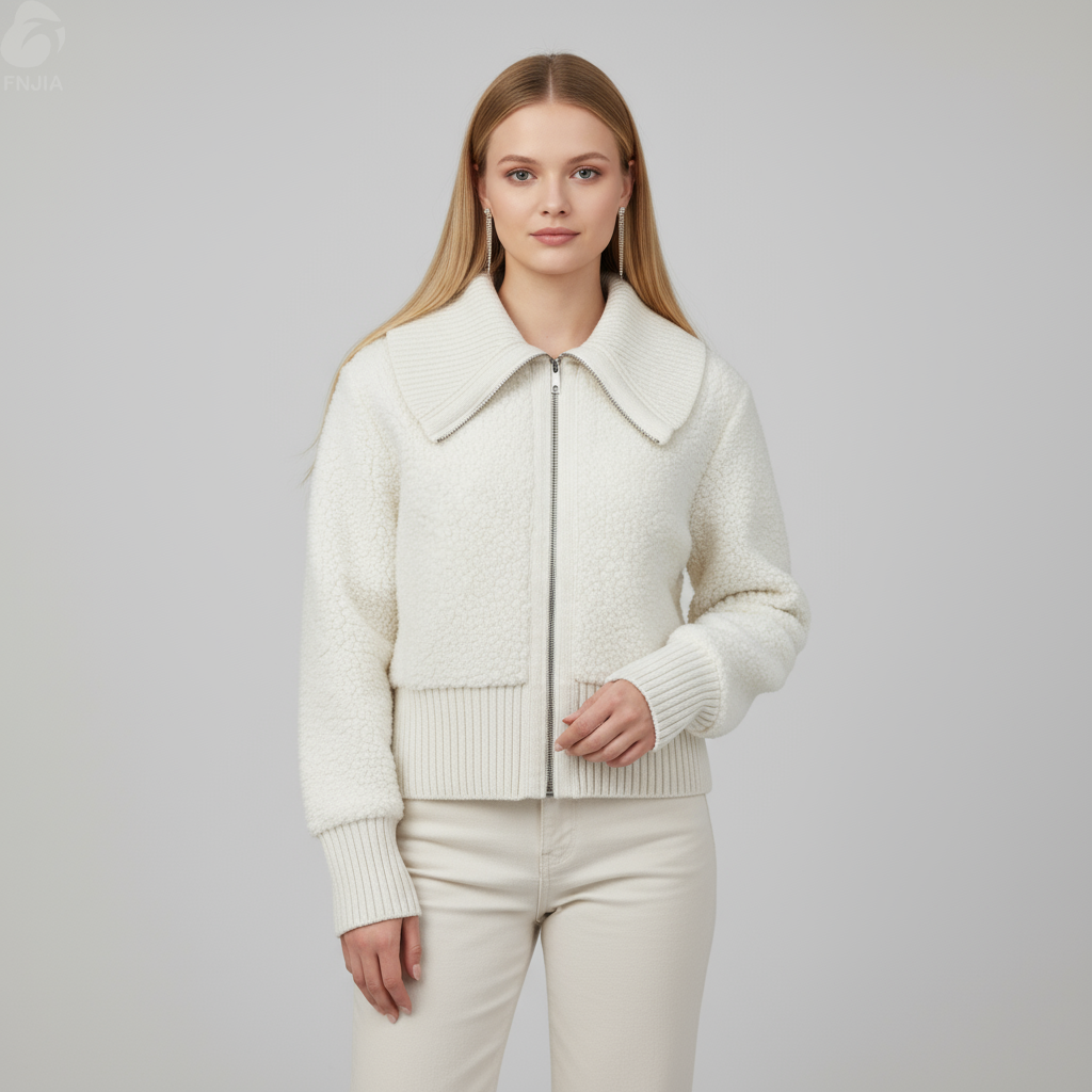 Женская укороченная куртка из шерстяного трикотажа цвета слоновой кости с широким воротником и полной молнией