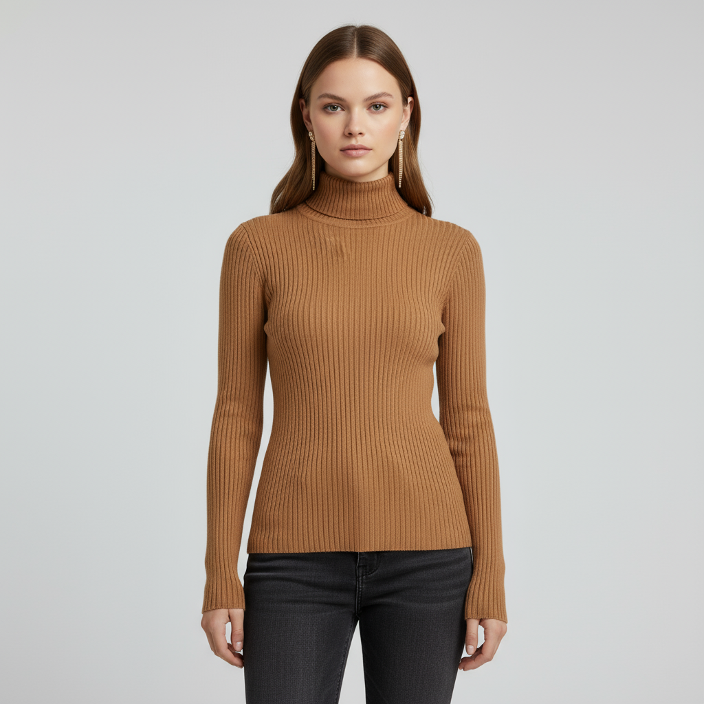 Женский приталенный свитер-водолазка в рубчик верблюжьего цвета - базовая одежда на заказ, неподвластная времени