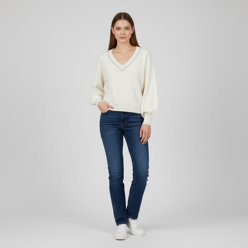 Женский свитер цвета слоновой кости с V-образным вырезом, отделкой шипами и пышными рукавами - Элегантная повседневная одежда на заказ