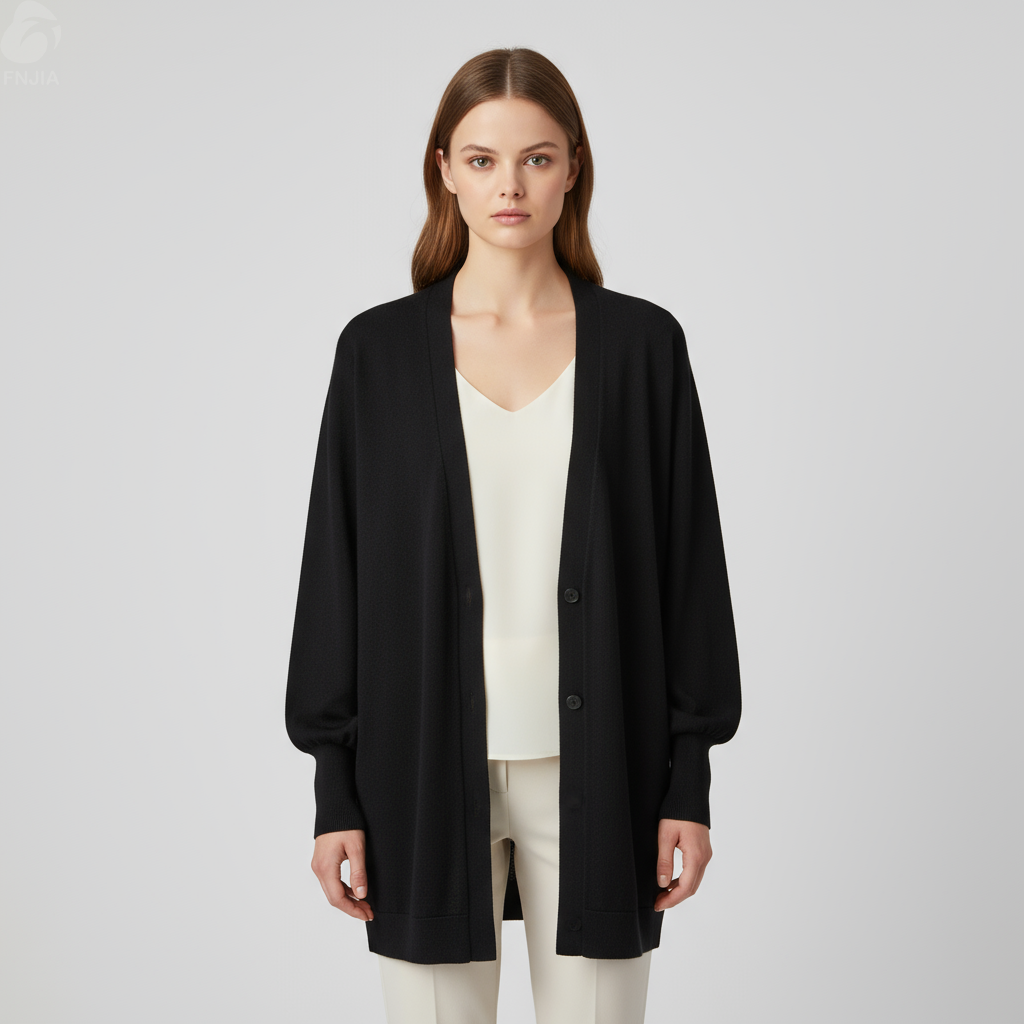 Женский черный вязаный кардиган оверсайз с V-образным вырезом и пышными рукавами - Универсальная одежда в стиле минимализма на заказ
