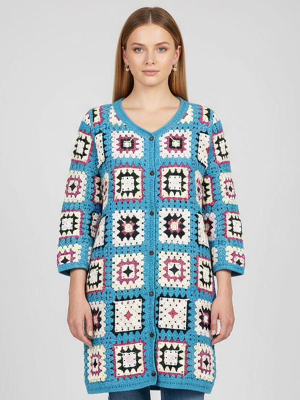 Женский бирюзовый кардиган Granny Square крючком - повседневная верхняя одежда в богемном стиле на заказ