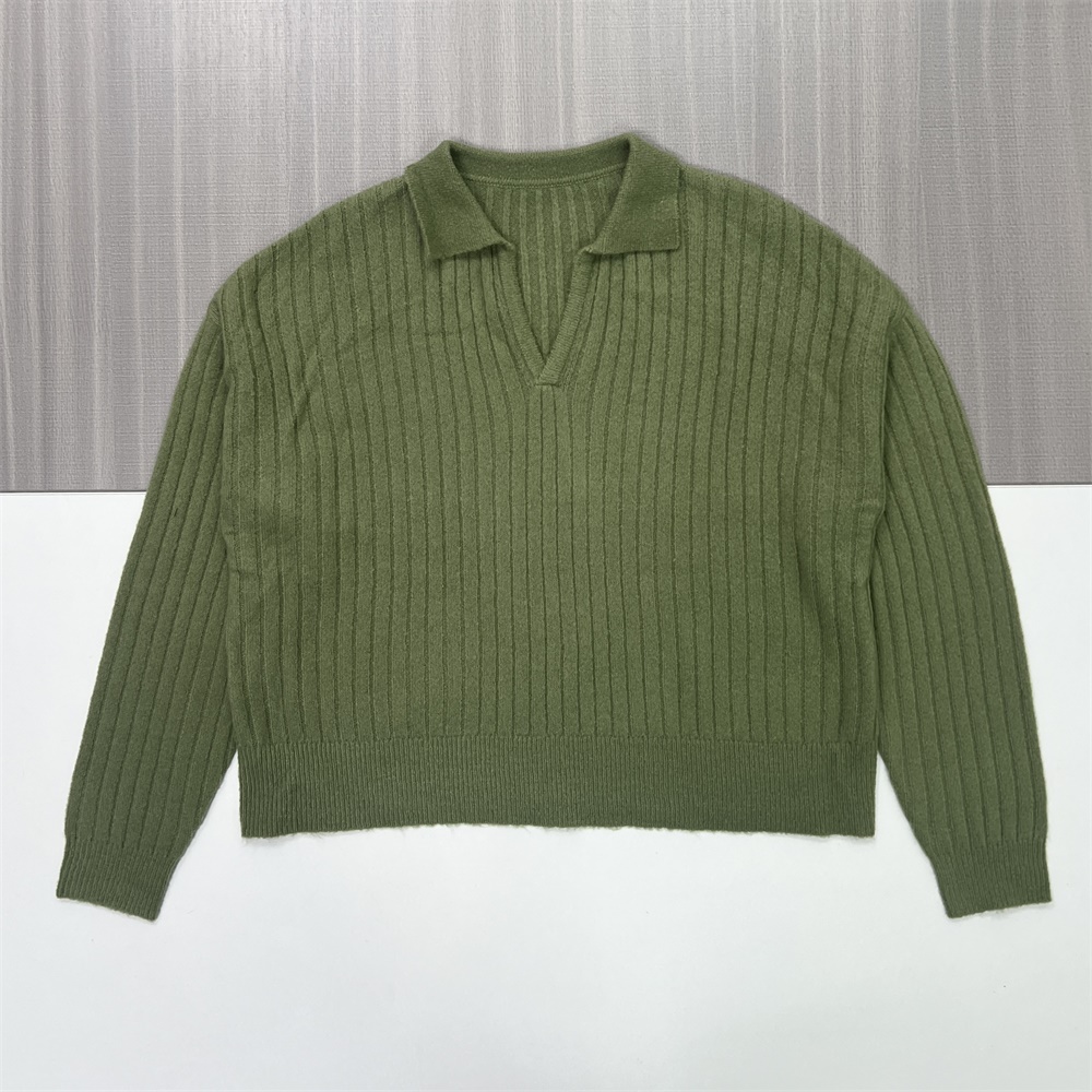 Женский вязаный топ-поло оливково-зеленого цвета с воротником в рубчик и длинными рукавами - Непринужденная повседневная одежда на заказ