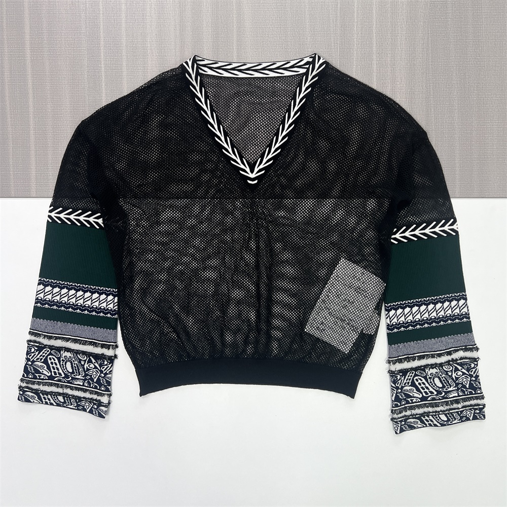 Женский черный сетчатый свитер с V-образным вырезом и рукавами с рисунком - Повседневная одежда в богемном стиле на заказ
