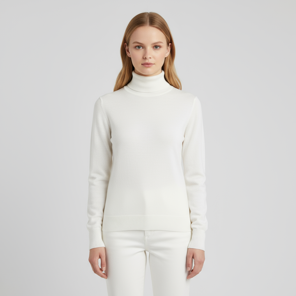 Женский белый приталенный свитер-водолазка с тонкой текстурой - Базовая одежда в стиле минимализма на заказ
