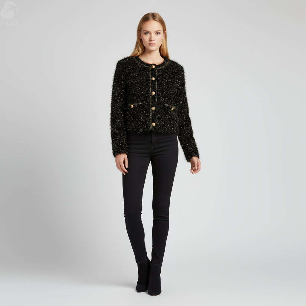 Женский черный укороченный кардиган из мохнатой вязки с золотыми пуговицами и отделкой