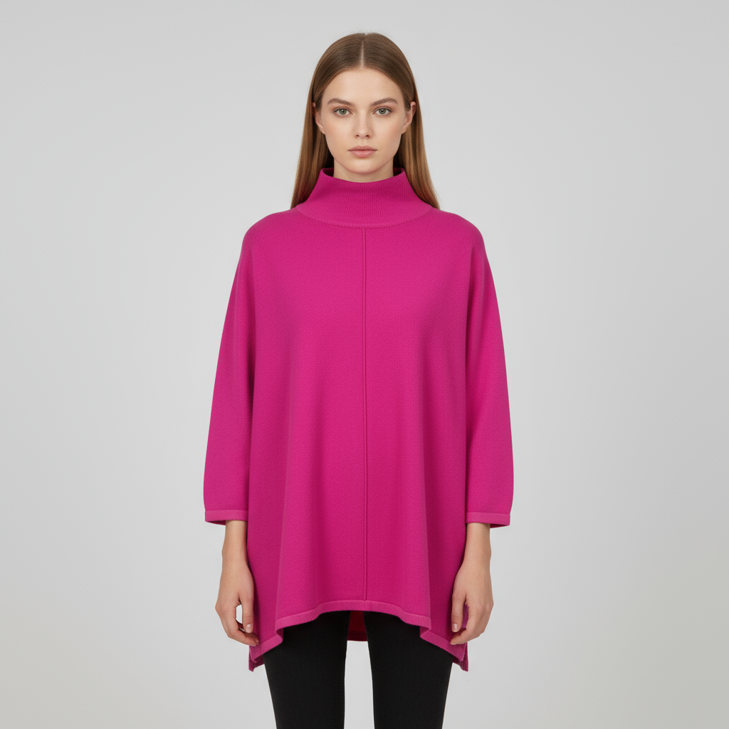 Женский свитер-пончо оверсайз цвета фуксии с высоким воротом и рукавами 3/4 - стильная повседневная одежда на заказ
