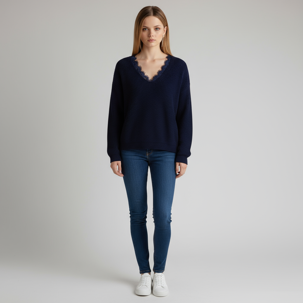 Женский темно-синий свитер в рубчик с V-образным вырезом и кружевной отделкой - Женская повседневная одежда на заказ