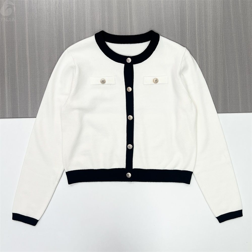 Женский вязаный кардиган с контрастной отделкой белого и черного цветов (в стиле Шанель) - Элегантная одежда для повседневного использования на заказ