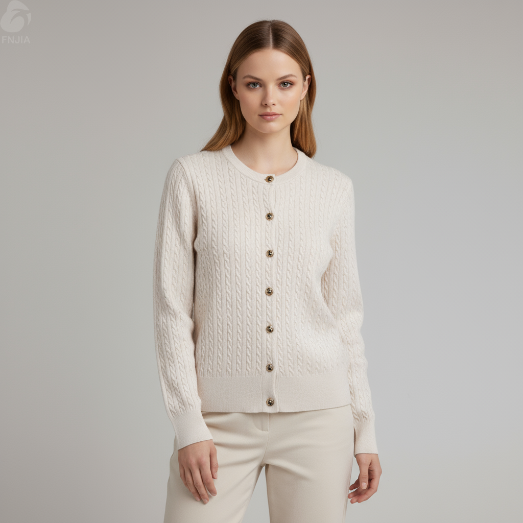 Женский бежевый кардиган с круглым вырезом из плотной вязки - классическая текстурированная одежда на заказ