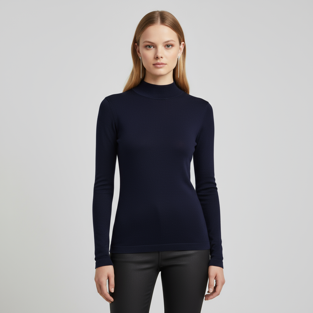 Женский приталенный свитер-водолазка в рубчик темно-синего цвета - Универсальная базовая одежда на заказ