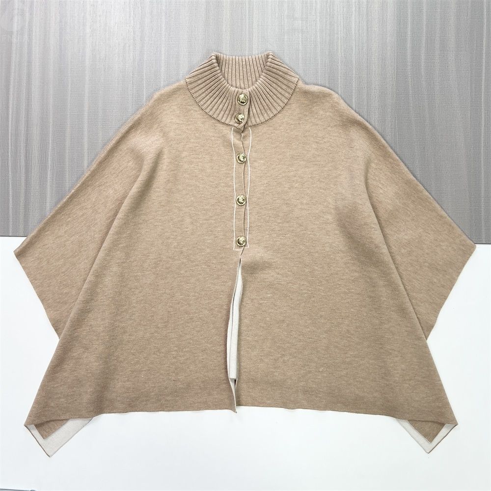 Женское бежевое вязаное пончо-водолазка с контрастной отделкой - Элегантная одежда на заказ