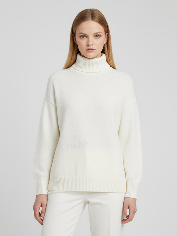 Женский свитер-водолазка оверсайз цвета слоновой кости с высоким воротом и пышными рукавами - Элегантная повседневная одежда на заказ