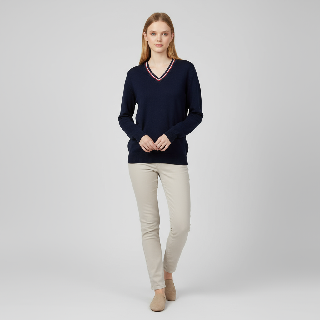 Женский вязаный свитер темно-синего цвета с V-образным вырезом и длинными рукавами - Классическая элегантная повседневная одежда на заказ